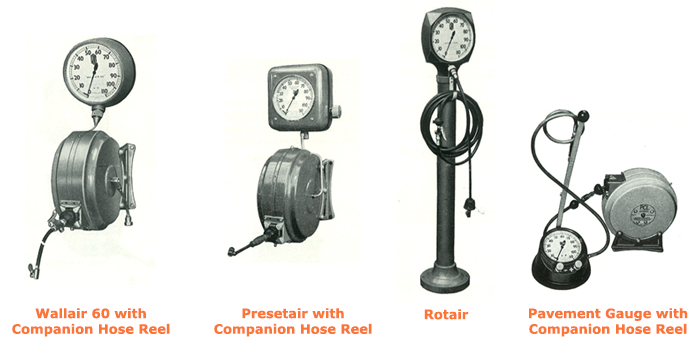 PCL's Wallair 60 with Companion Hose Reel, Presetair with Companion Hose Reel, Rotair and Pavement Gauge with Companion Hose Reel in the 1963 Catalogue