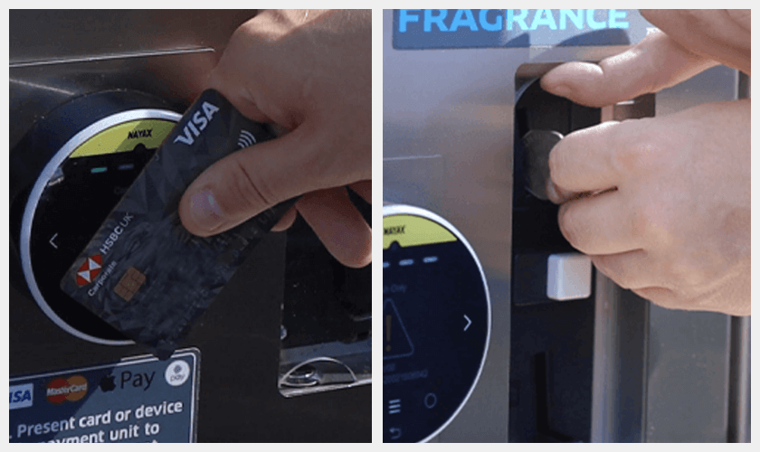 Using cashless payment device (Left) and inserting coins in a PCL multi-unit (right) 