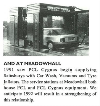 Snippet from PCL's Internal Newsletter in 1992 regarding PCL supplying Sainsburys with Car Wash, Vacuums and Tyre Inflators at their Meadowhall Service Station in Sheffield