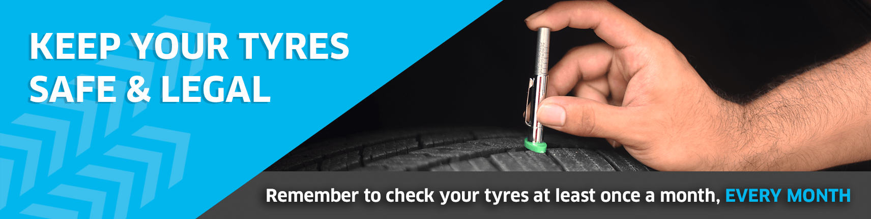 Keep your tyres safe and legal - remember to check your tyres at least once a month, every month - image of a TDG16 gauge being used to check tread depth